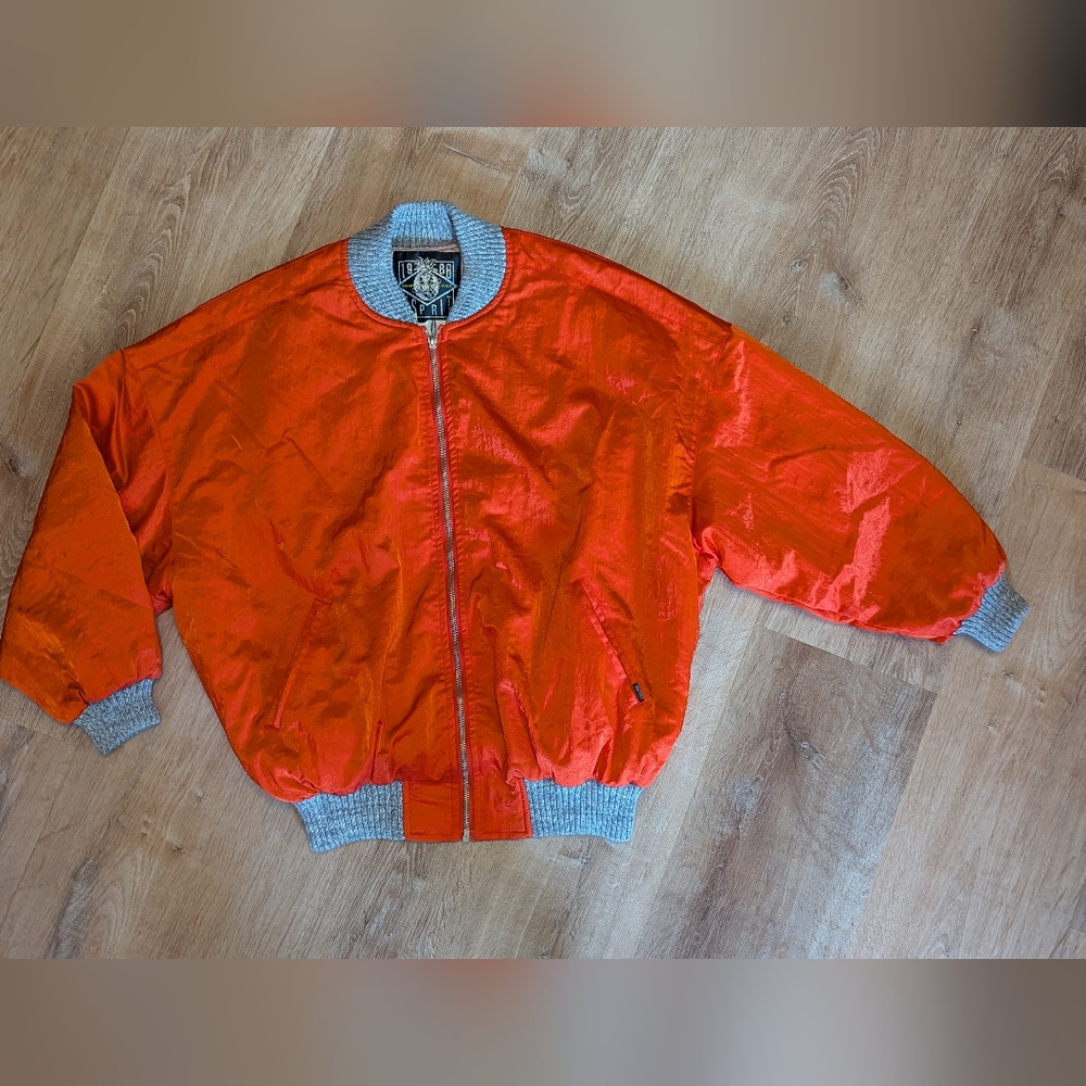 Vintage 1986 Esprit Sport Orange Satin Bomber Jacket with Gray Accents Medium